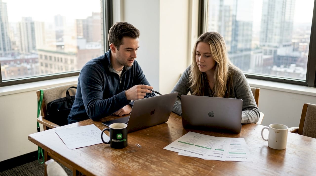 Colleagues comparing email platform features
