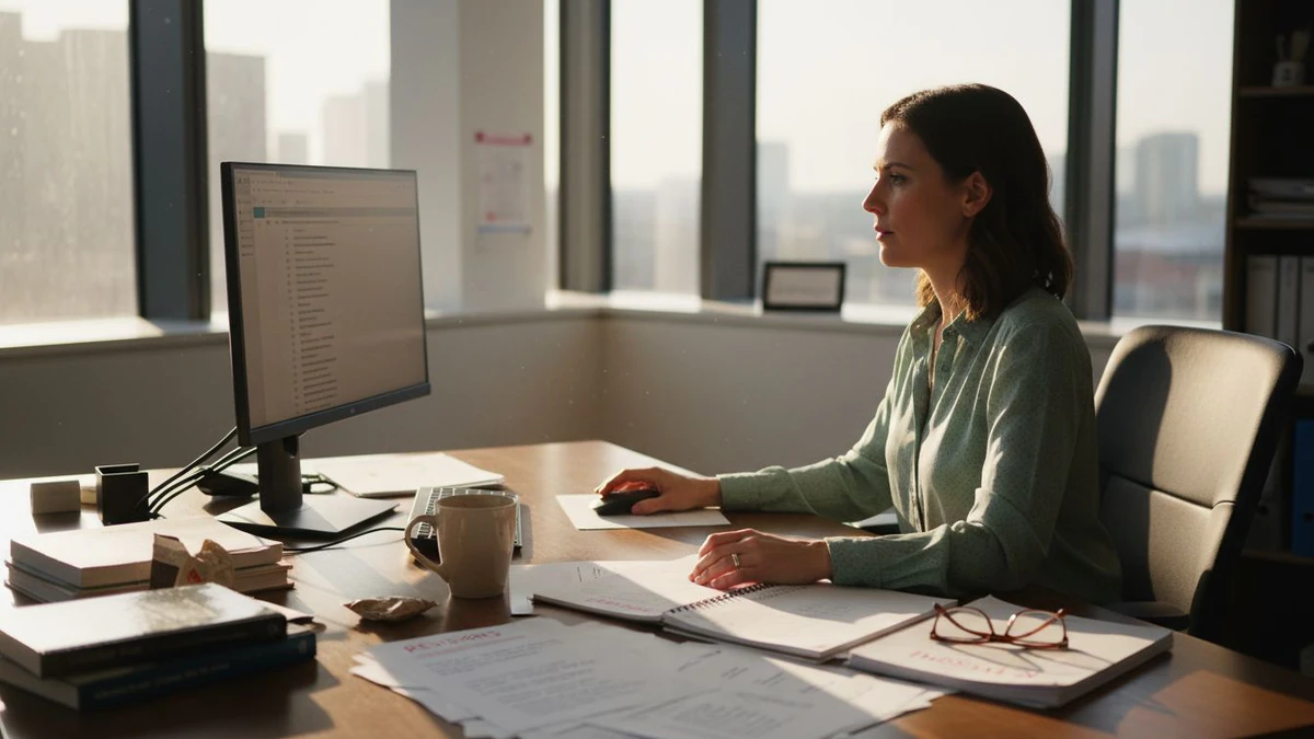 Woman at a corner desk with notebooks and papers planning how to create email list cleaning schedule