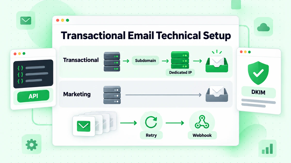 Transactional email technical setup: separate dedicated IP sending lane from marketing, retries, webhooks