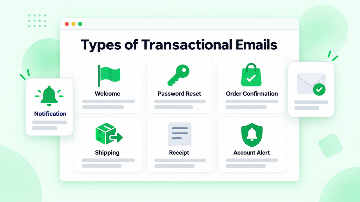 Types of transactional emails: welcome, password reset, order confirmation, shipping and receipt