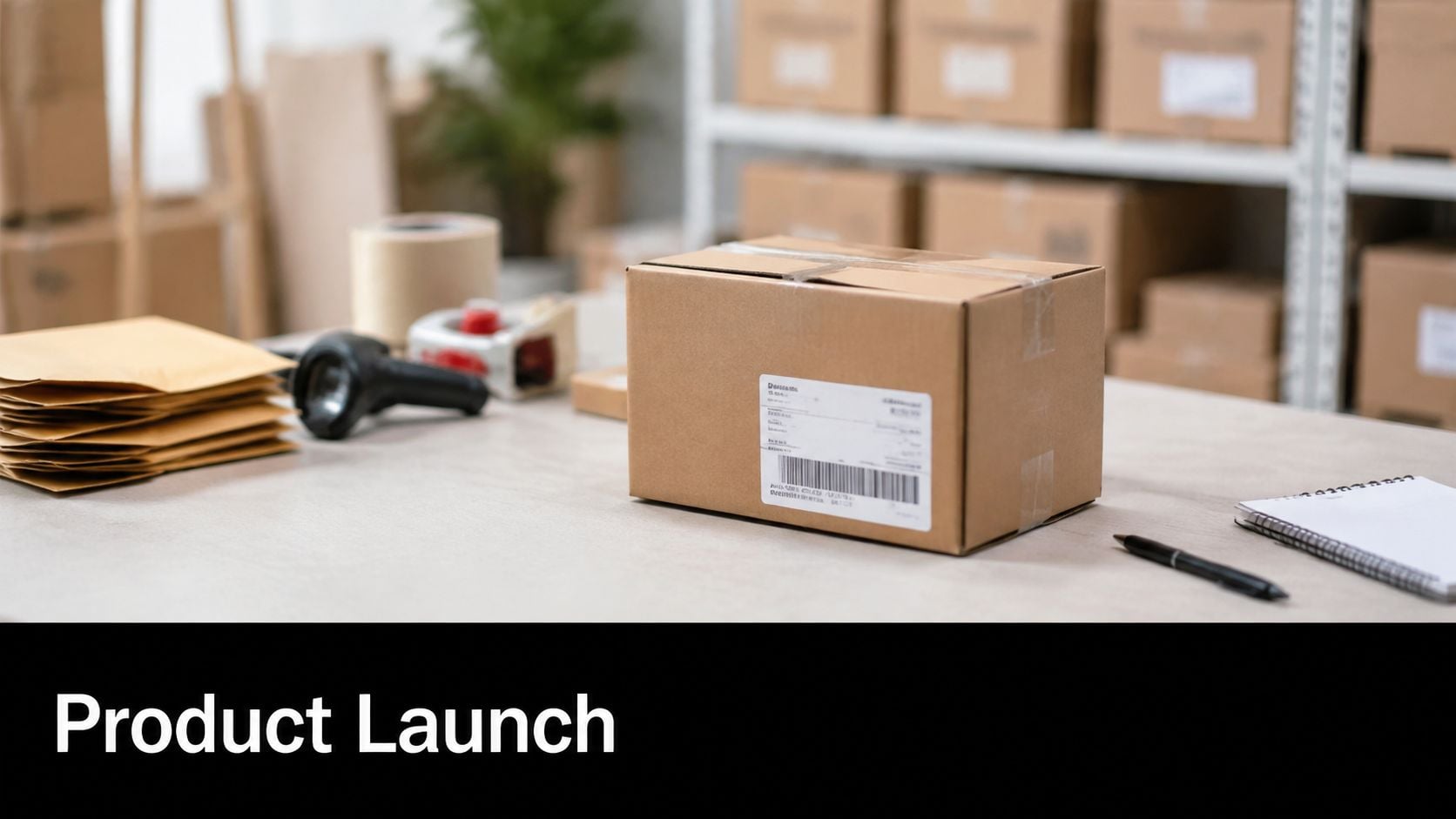 A cardboard shipping box on a desk with packing supplies in a warehouse setting for e-commerce.