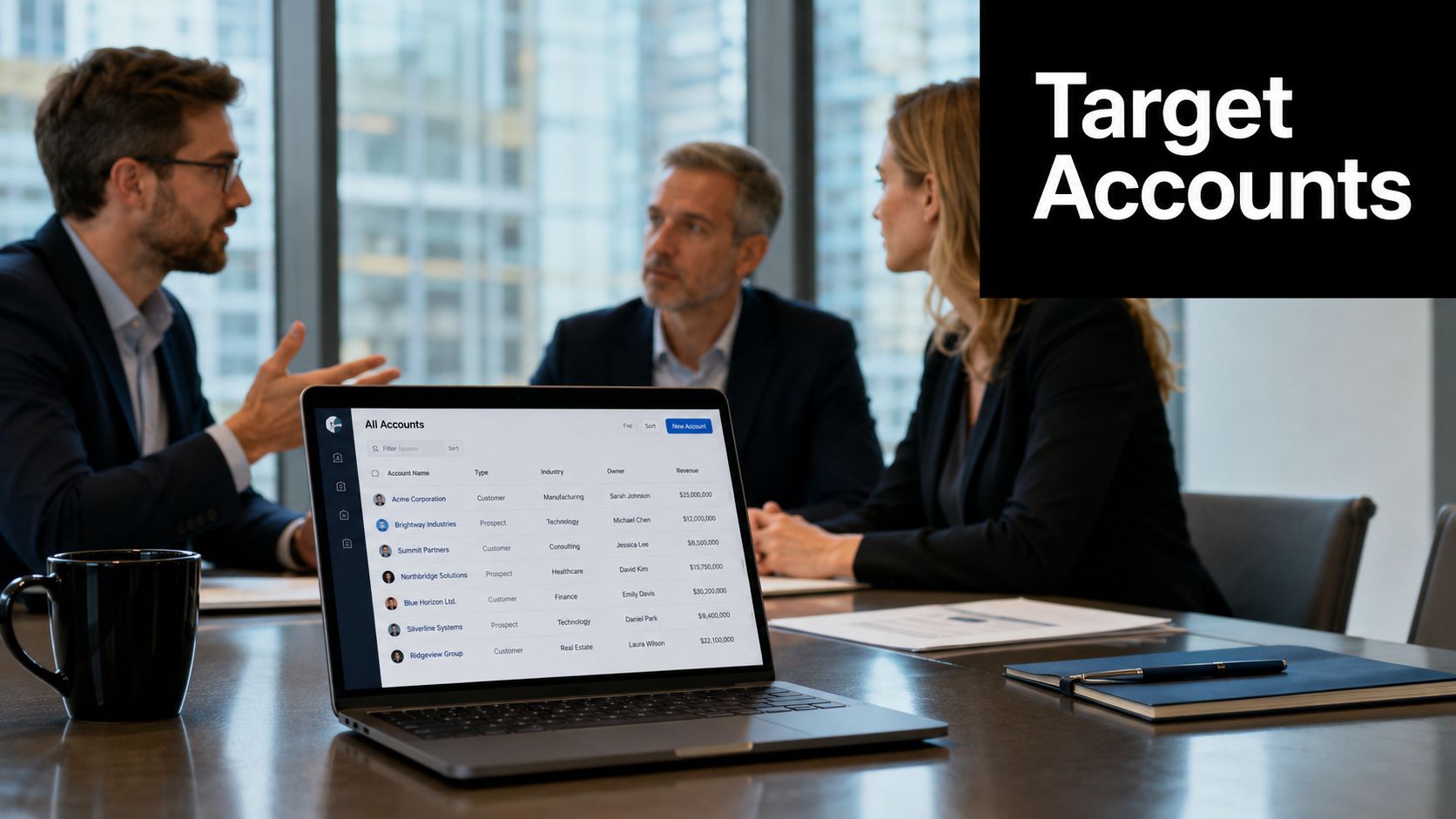 A professional business meeting with a laptop screen displaying a list of target accounts and clients.