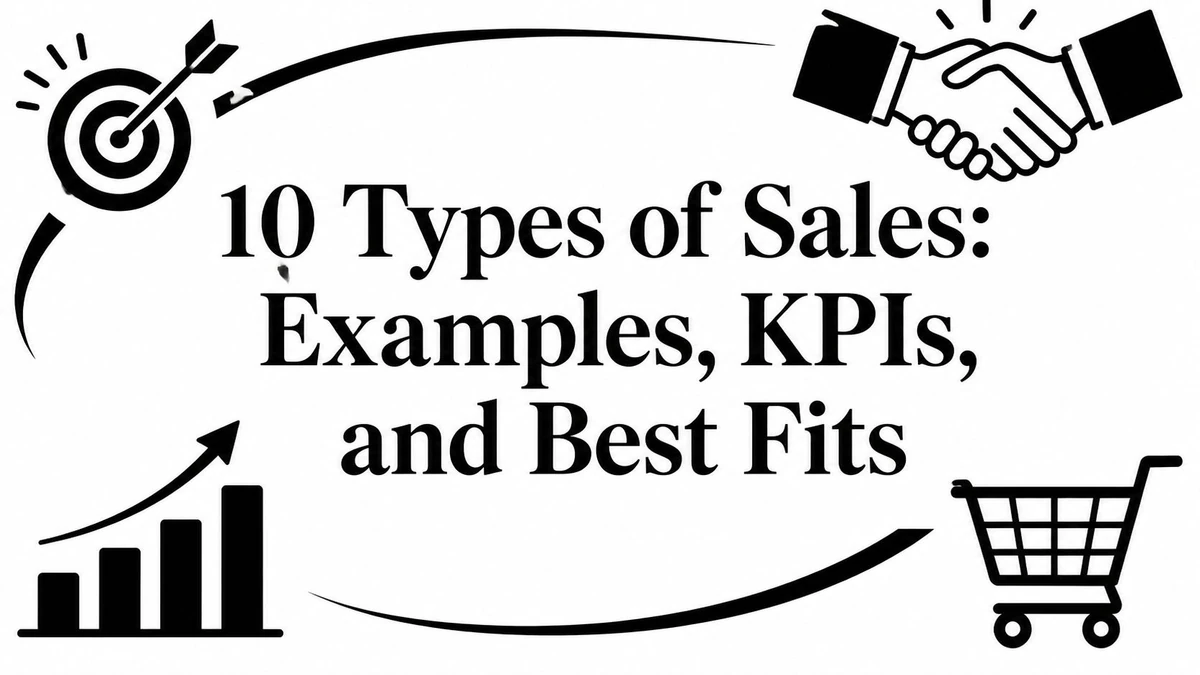 Title card reading 10 Types of Sales: Examples, KPIs, and Best Fits, with a target, handshake and cart