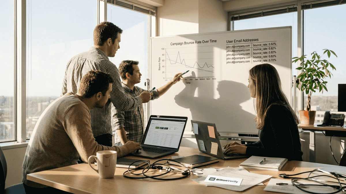 Team at a whiteboard showing a campaign bounce rate chart while planning SaaS email verification