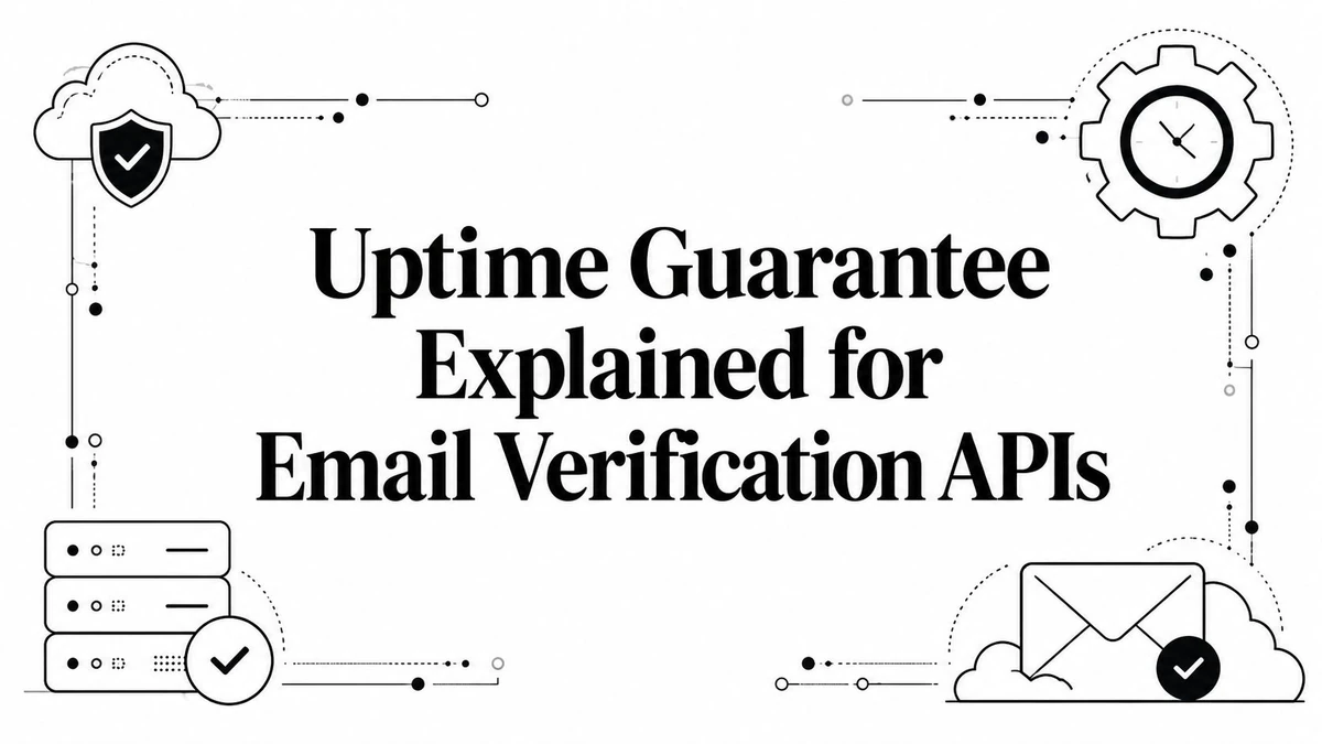 Title card on uptime guarantee explained for email verification APIs, with servers and a clock