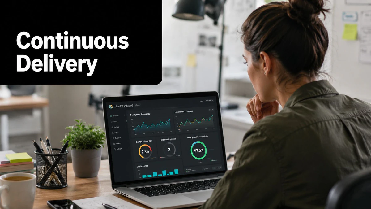 A woman working on a laptop displaying a software development dashboard about continuous delivery metrics.