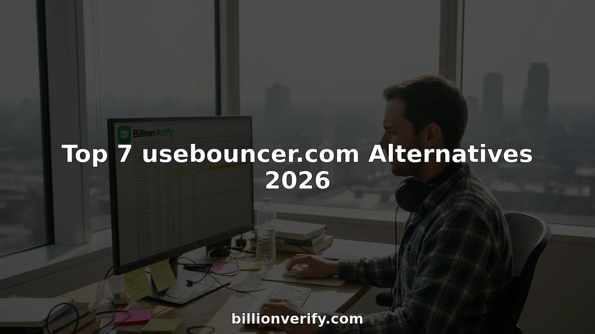 Man with headphones at a BillionVerify monitor under a Top 7 usebouncer.com Alternatives 2026 title