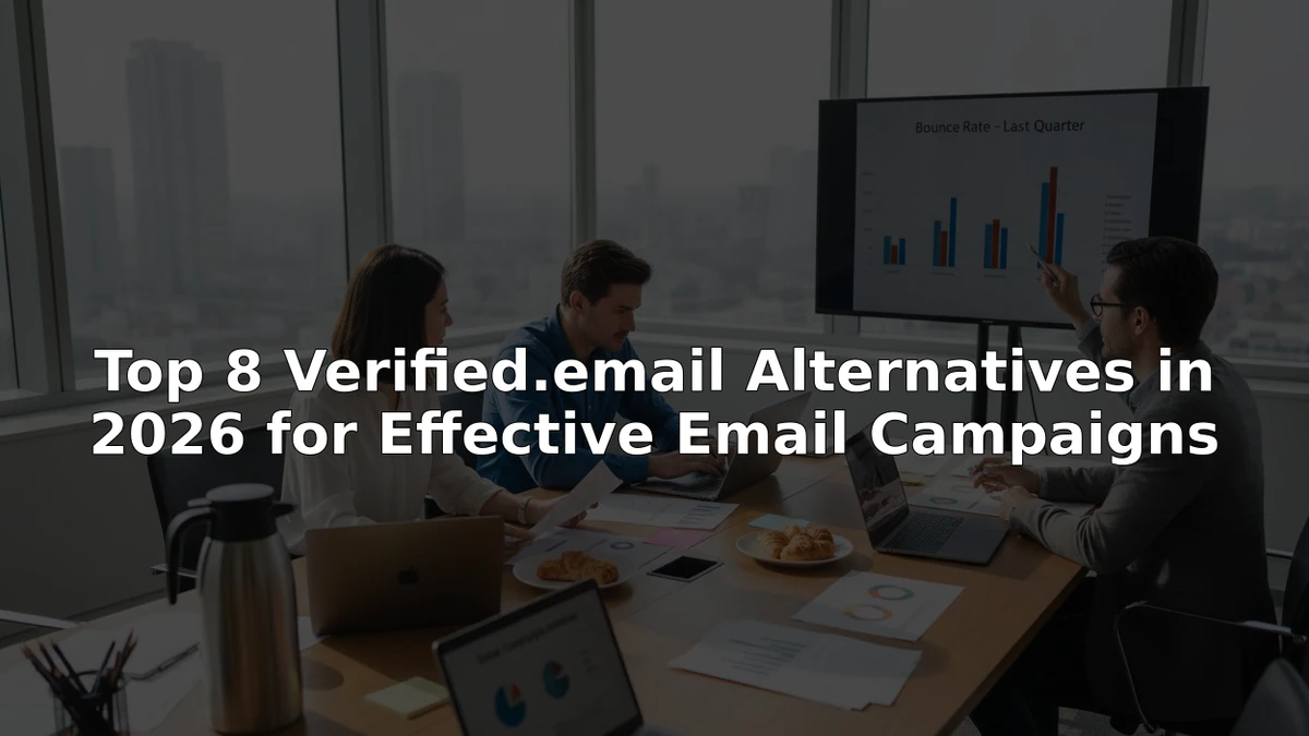 Team at a conference table with charts on screen under a title comparing Verified.email alternatives