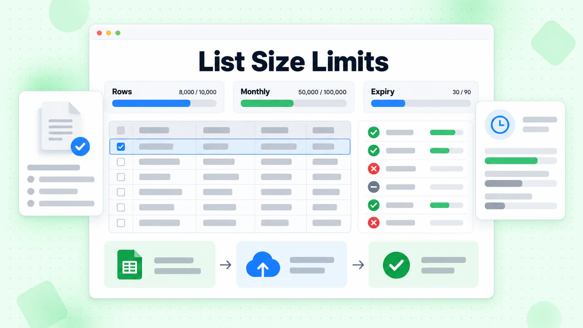 List Size Limits dashboard comparing spreadsheet rows, monthly capacity, and expiry checks