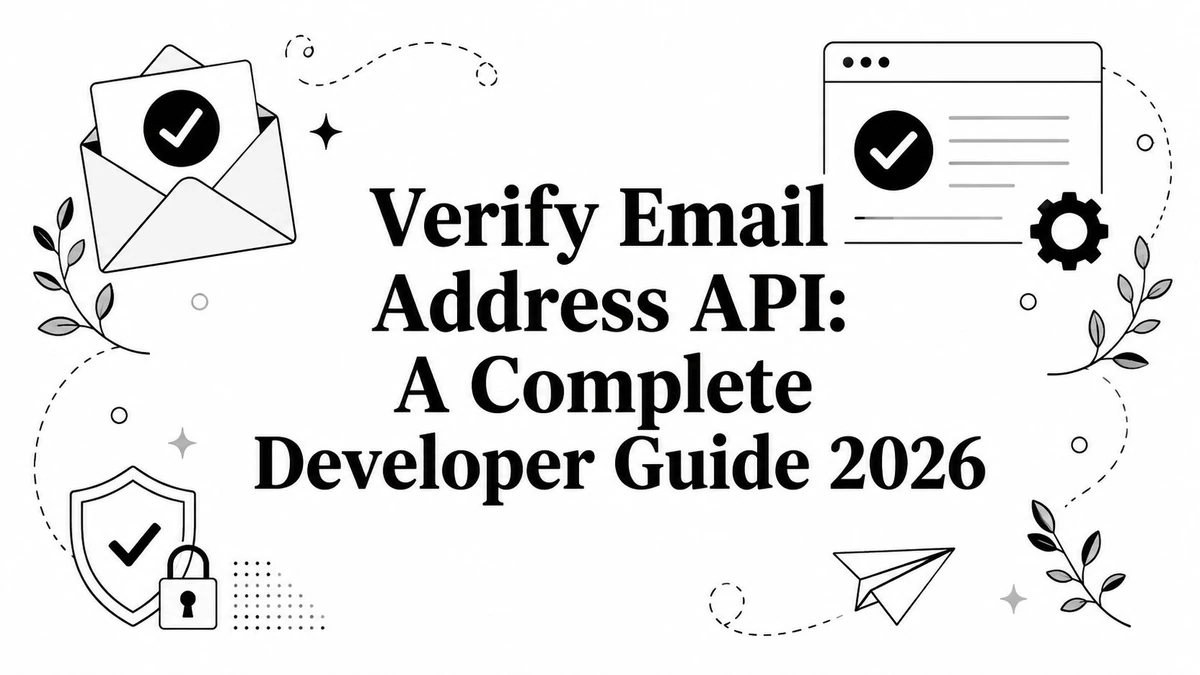 Title card reading Verify Email Address API: A Complete Developer Guide 2026, with checks and a shield