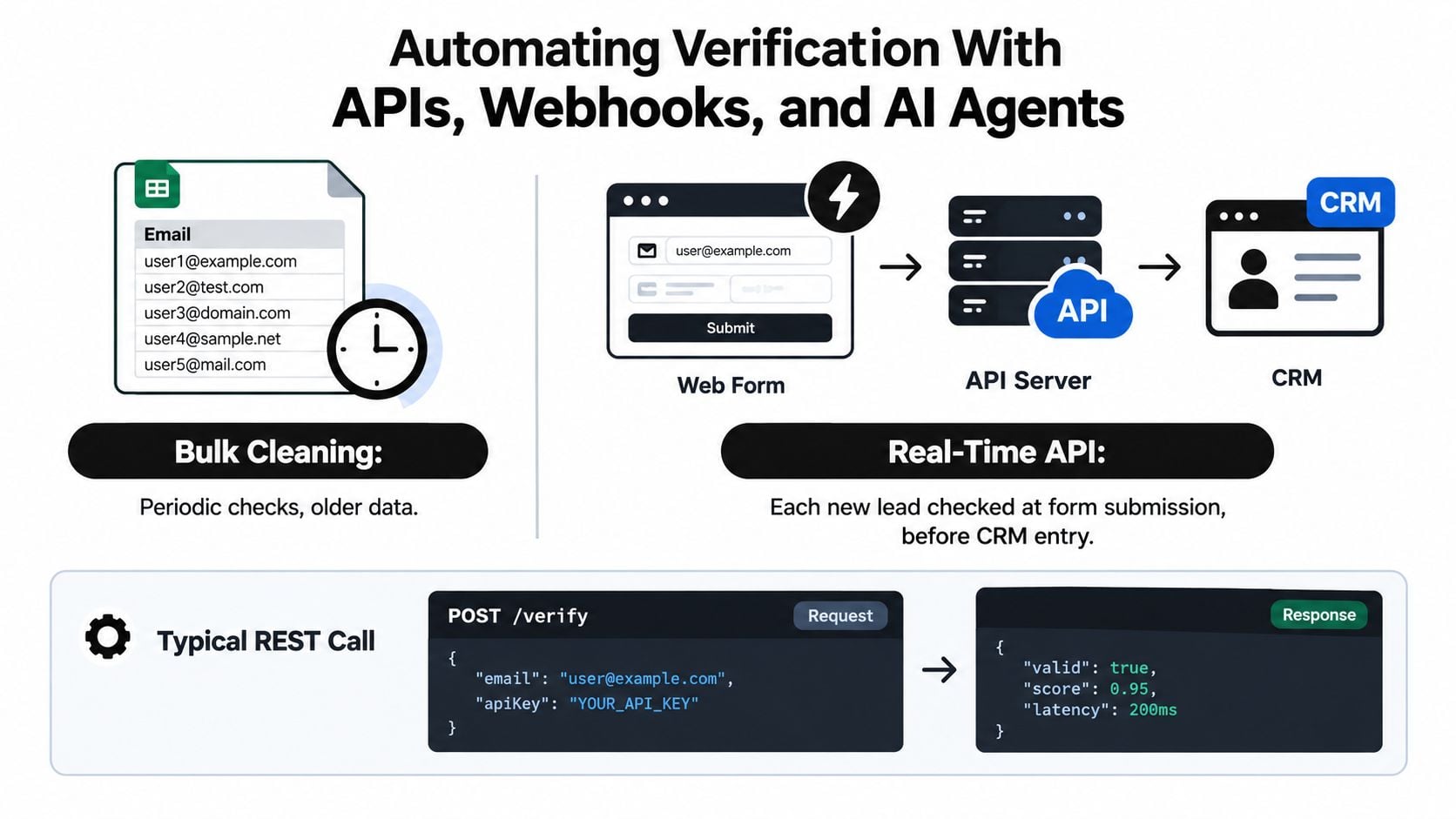 A diagram illustrating how to automate email address verification using bulk cleaning and real-time API integration.