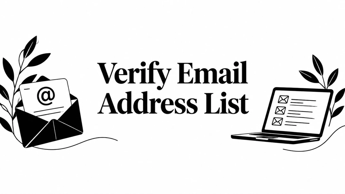 Title card reading Verify Email Address List, framing an email verification guide with an @ envelope and laptop