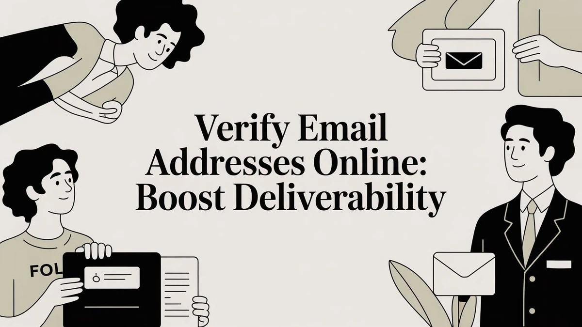 Illustrated title card reading Verify Email Addresses Online: Boost Deliverability, with people and envelopes