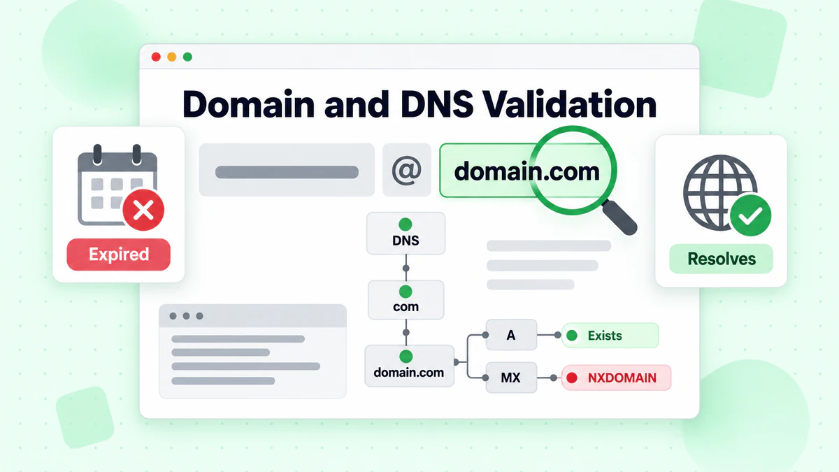 Validazione dominio/DNS: domain.com controllato per record A e MX, esistente o NXDOMAIN