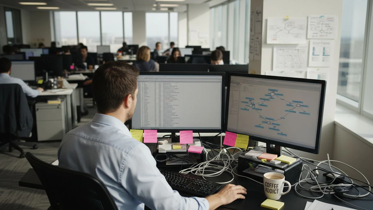 Man at dual monitors in an open office mapping workflows that follow email deliverability best practices