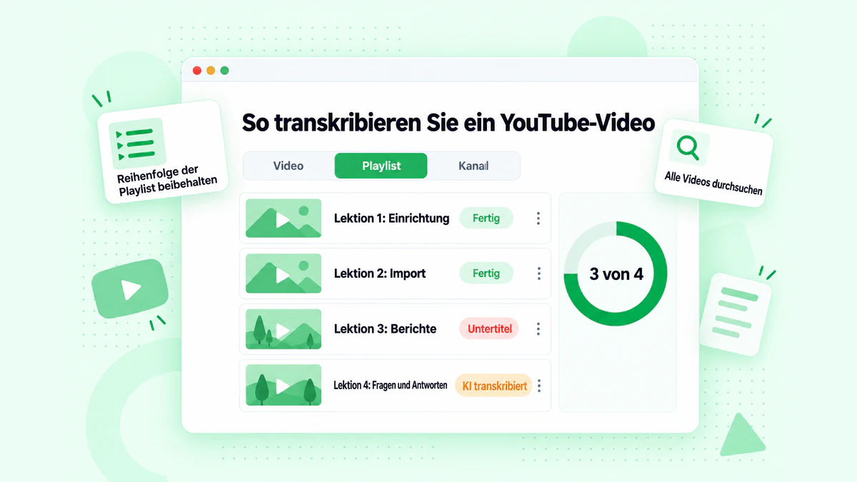 So transkribieren Sie YouTube-Video-Links: ein einzelnes Video, eine Playlist und ein Kanal in der Warteschlange, wobei jedes Transkript mit dem Videotitel gekennzeichnet ist