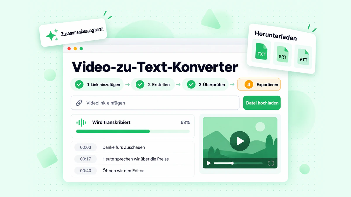 Video-zu-Text-Konverter in vier Schritten: Link oder Datei hinzufügen, Transkript erstellen, überprüfen und TXT, SRT oder VTT exportieren