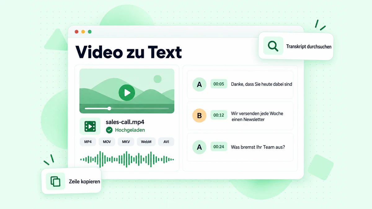 Video aus einer lokalen Datei in Text umwandeln: Eine hochgeladene MP4-Aufzeichnung eines Meetings wurde in mit Zeitstempeln versehene Sprecherzeilen umgewandelt und kann exportiert werden