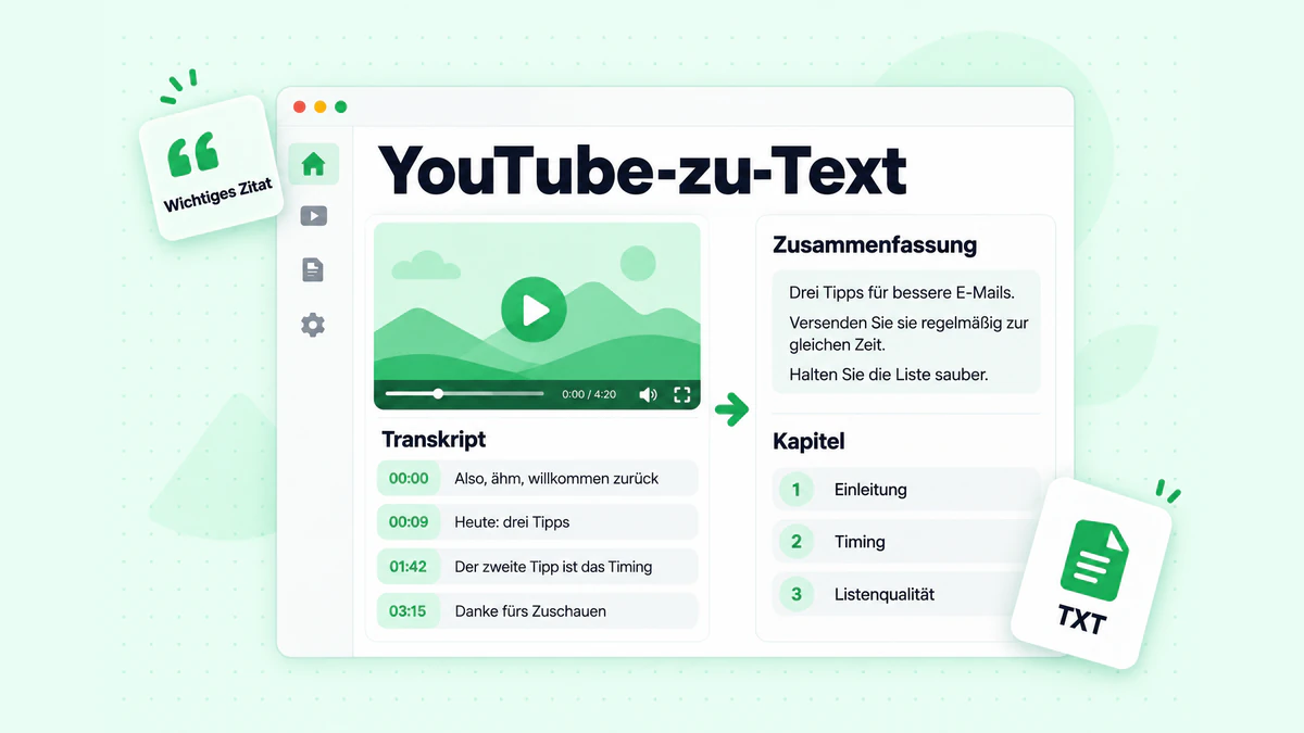 YouTube-zu-Text: ein mit Zeitstempeln versehenes Transkript, das in lesbare Absätze umgewandelt wurde, mit hervorgehobener Zusammenfassung, Kapiteln und wichtigen Zitaten