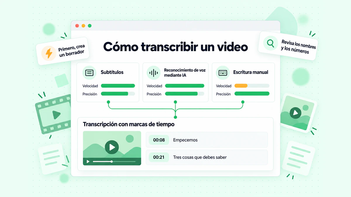 Cómo transcribir un video: comparación lado a lado de subtítulos del creador, reconocimiento de voz mediante IA y escritura manual en cuanto a velocidad y precisión