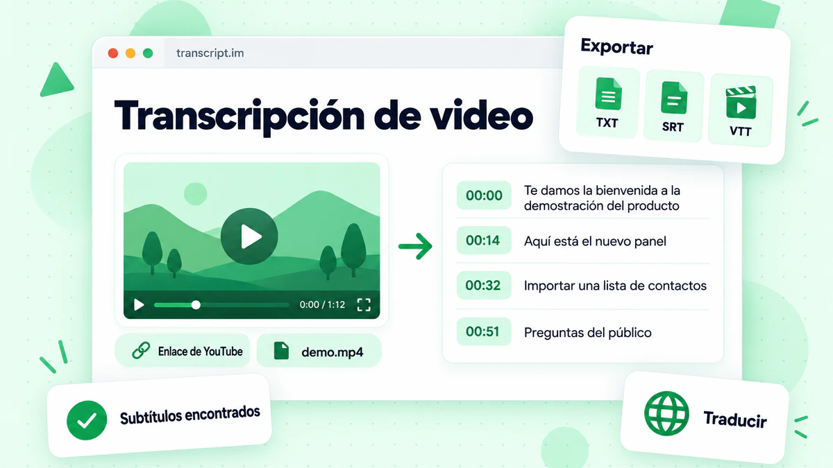 Panel de transcripción de video con reproductor, transcripción con marcas de tiempo y opciones de exportación