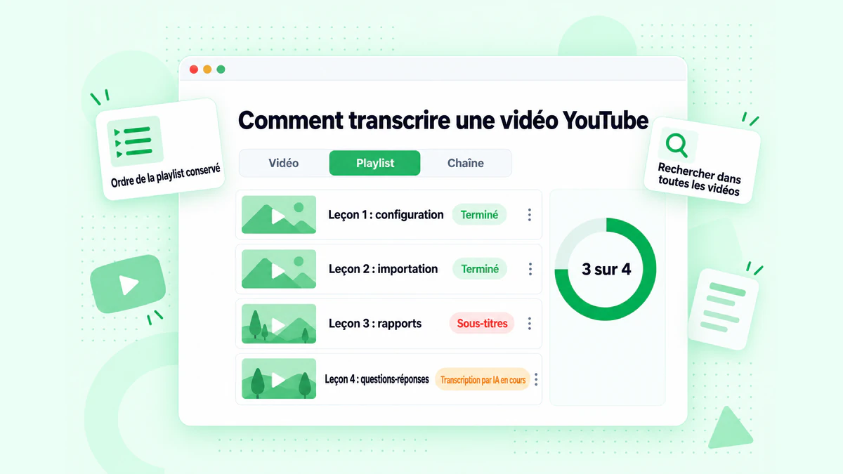 Comment transcrire les liens vidéo YouTube : une seule vidéo, une playlist et une chaîne en file d’attente, chaque transcription étant intitulée par le titre de la vidéo