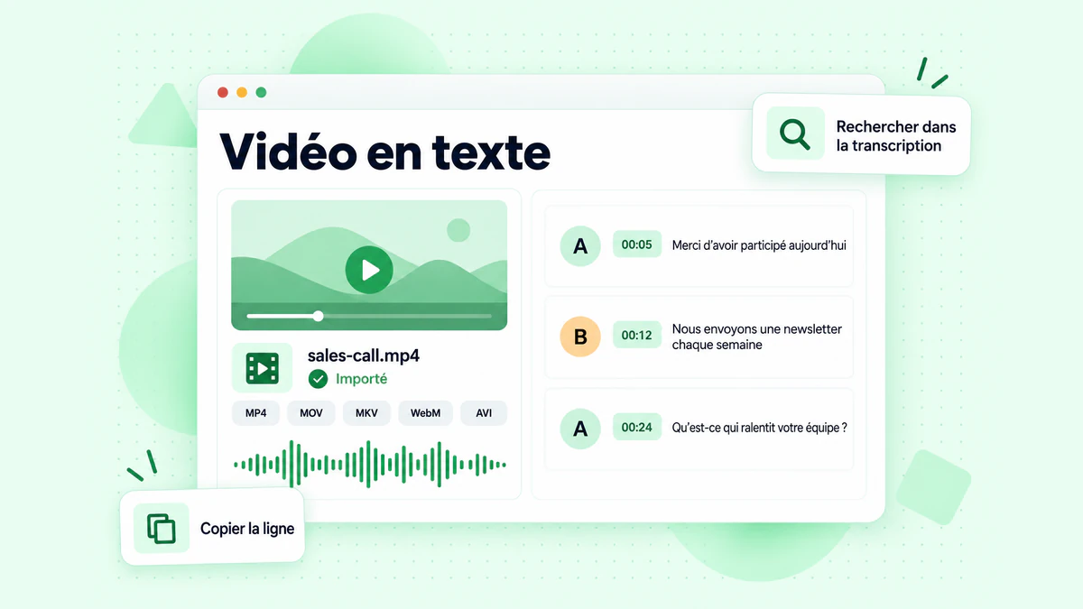 Vidéo convertie en texte à partir d’un fichier local : un enregistrement de réunion MP4 importé et transformé en répliques horodatées avec identification des intervenants, prêtes à être exportées