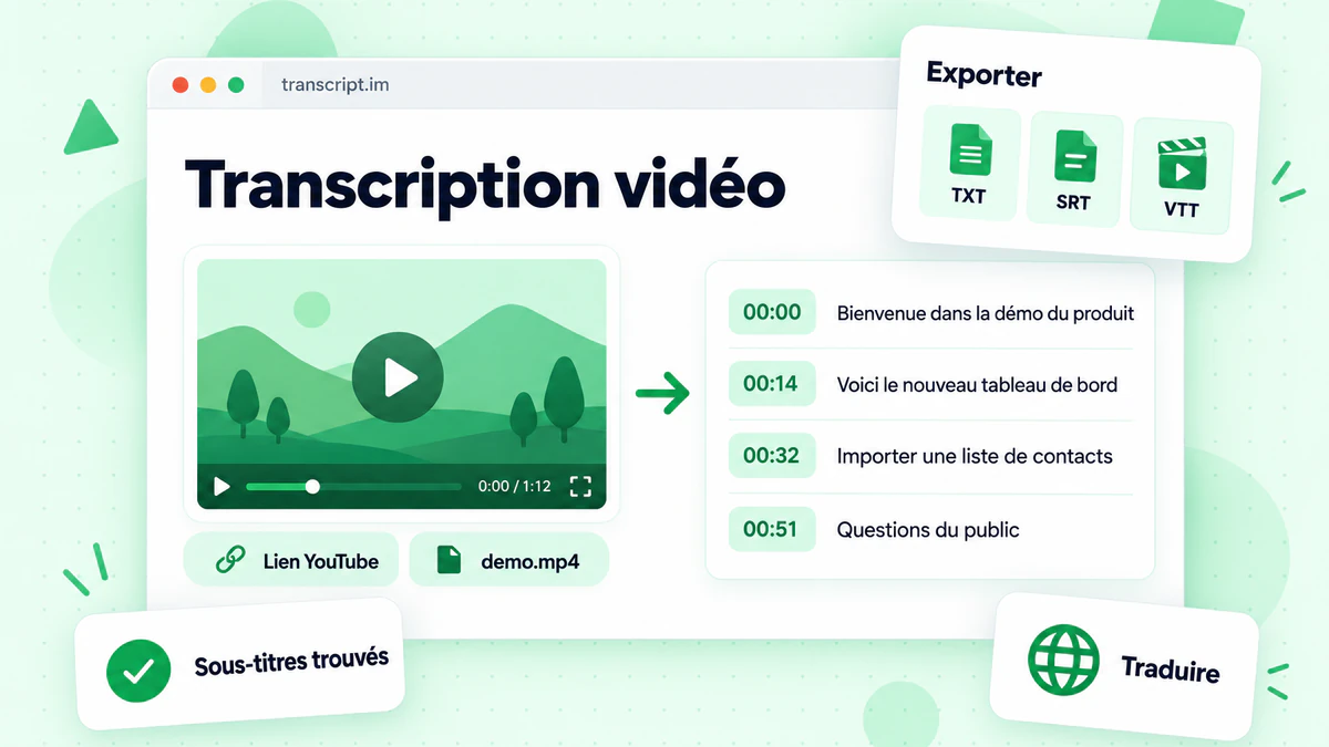 Transcription vidéo : un lien vidéo et un fichier MP4 transformés en une transcription horodatée avec des exports TXT, SRT et VTT