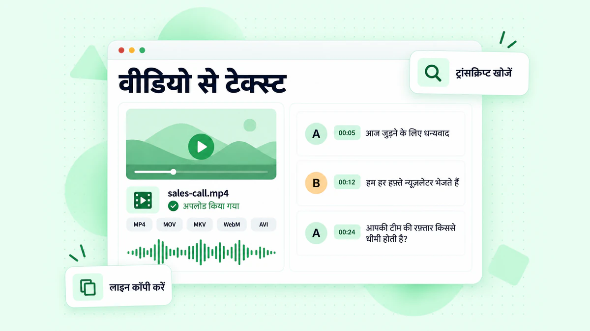 स्थानीय फ़ाइल से वीडियो को टेक्स्ट में बदलना: एक uploaded MP4 meeting recording, जिसे export के लिए तैयार timestamped speaker lines में बदला गया