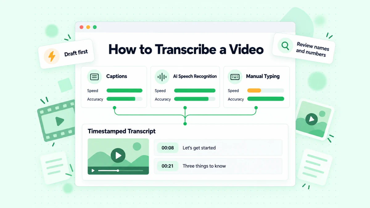 How to transcribe a video: creator captions, AI speech recognition and manual typing compared side by side for speed and accuracy