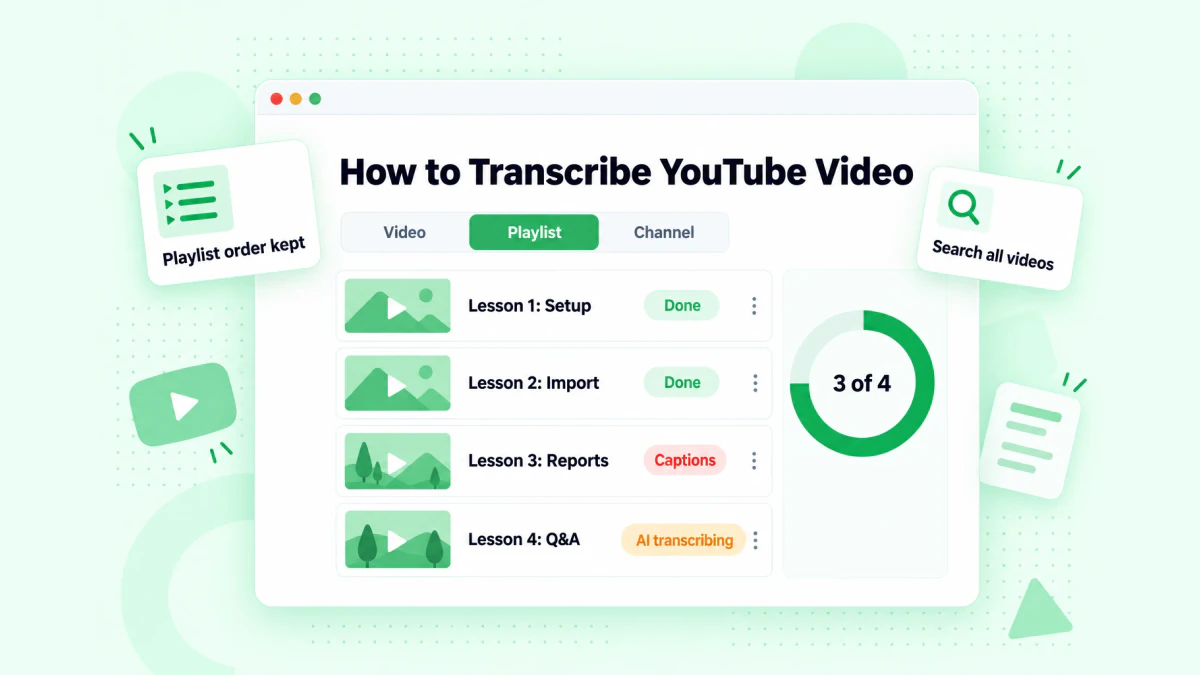 How to transcribe YouTube video links: a single video, a playlist and a channel queued, with each transcript labeled by video title