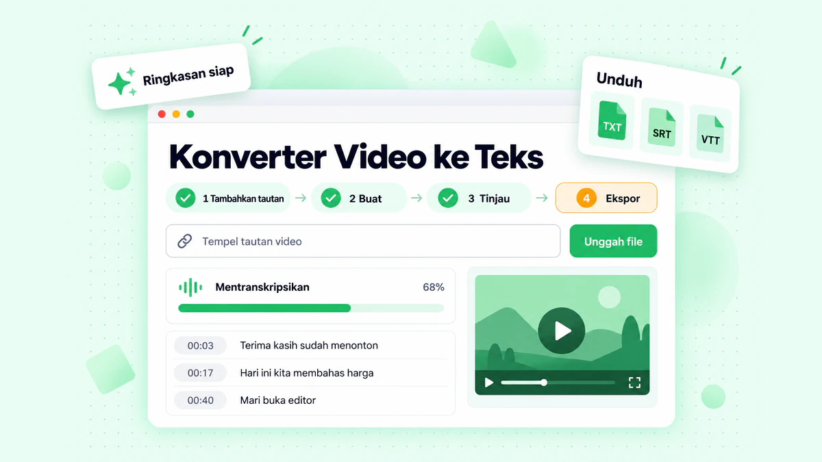 Konverter video ke teks dalam empat langkah: tambahkan tautan atau file, buat transkrip, tinjau, lalu ekspor TXT, SRT, atau VTT