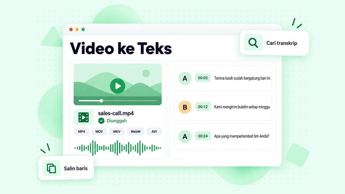Video menjadi teks dari file lokal: rekaman rapat MP4 yang diunggah diubah menjadi baris pembicara bertanda waktu yang siap diekspor