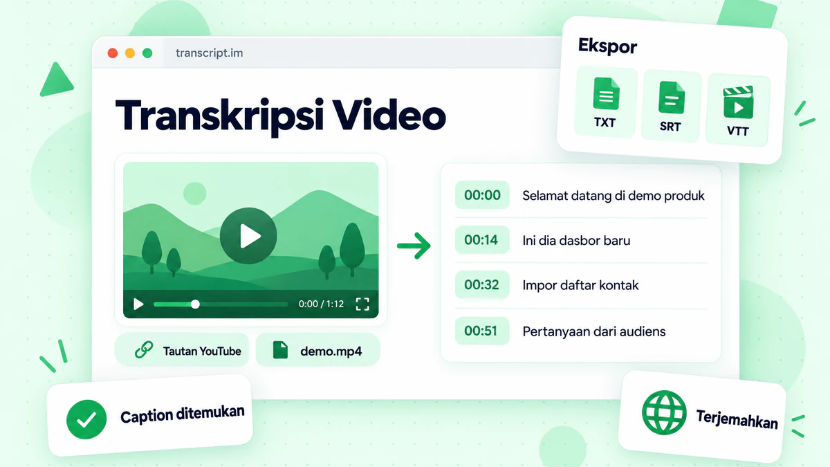 Transkripsi video: tautan video dan file MP4 diubah menjadi satu transkrip dengan stempel waktu, dengan ekspor TXT, SRT, dan VTT