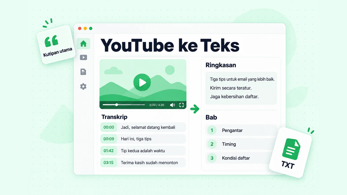 YouTube ke teks: transkrip bertanda waktu yang dibersihkan menjadi paragraf mudah dibaca, dengan ringkasan, bab, dan kutipan utama yang disorot