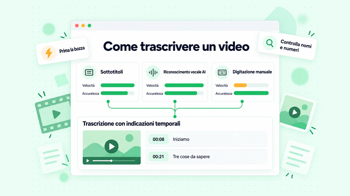 Come trascrivere un video: confronto affiancato tra sottotitoli del creator, riconoscimento vocale AI e digitazione manuale per velocità e accuratezza