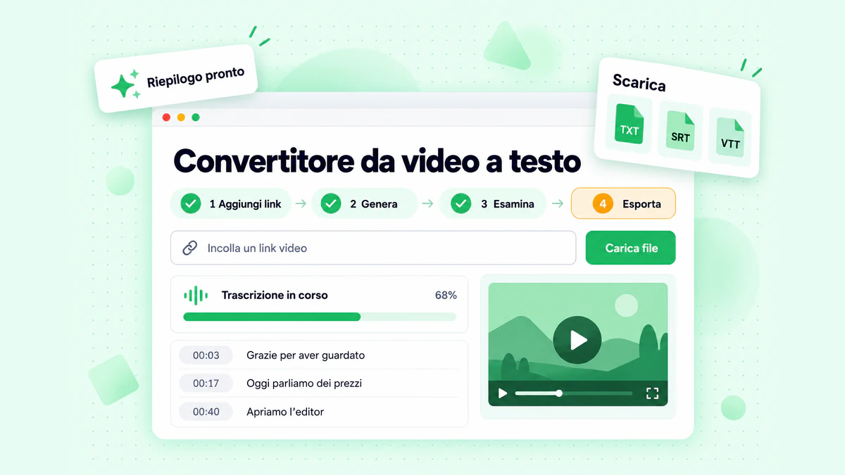 Convertitore da video a testo in quattro passaggi: aggiungi un link o un file, genera la trascrizione, esaminala ed esporta in TXT, SRT o VTT