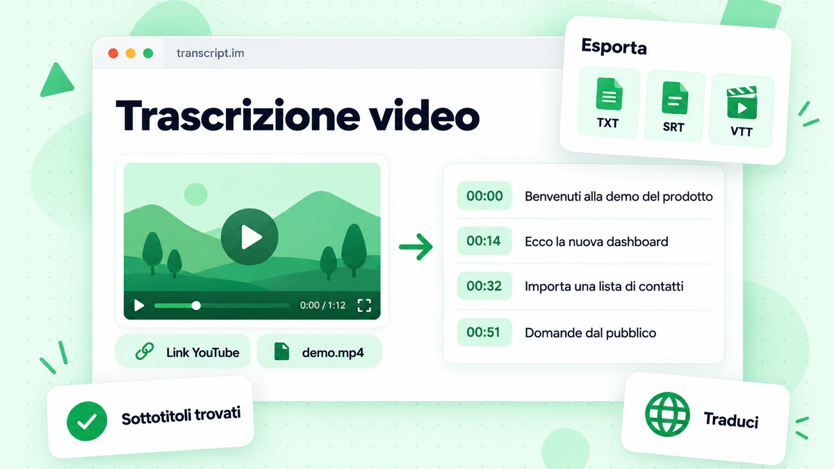 Dashboard di trascrizione video con lettore video, trascrizione con timestamp e opzioni di esportazione