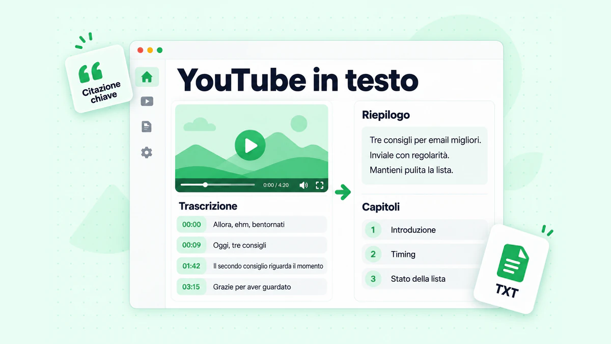 YouTube in testo: una trascrizione con timestamp trasformata in paragrafi leggibili, con un riepilogo, capitoli e citazioni chiave in evidenza