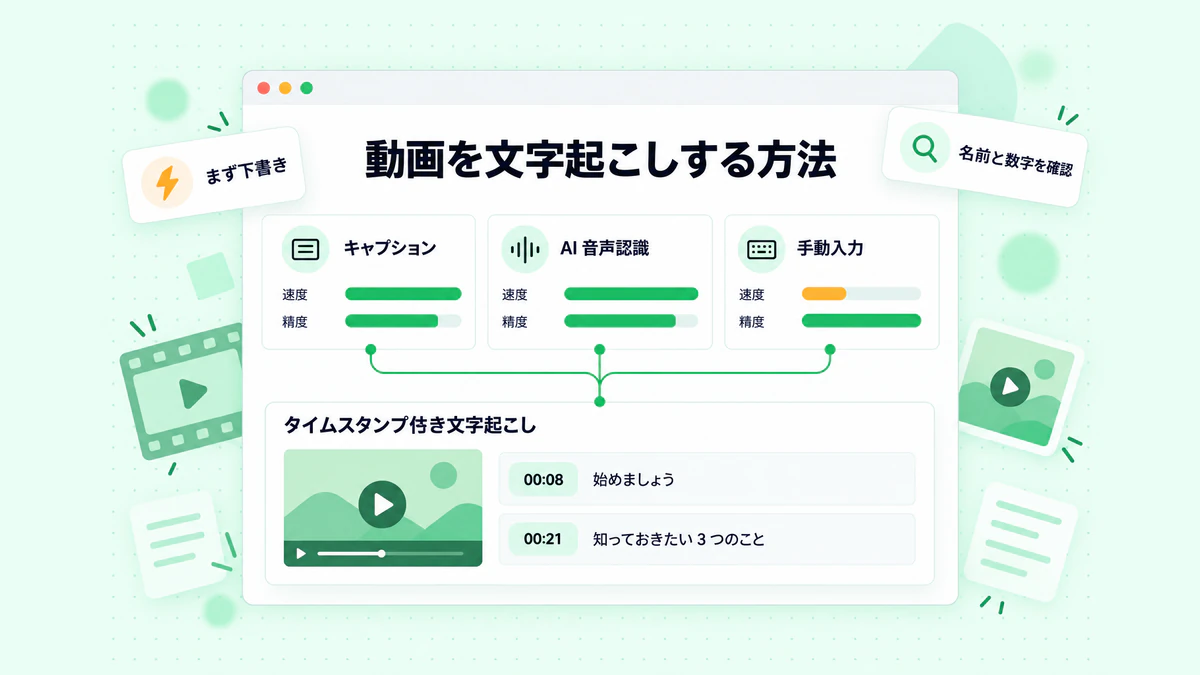 動画を文字起こしする方法：クリエイターによる字幕、AI 音声認識、手動入力を速度と正確さの観点で横並びに比較
