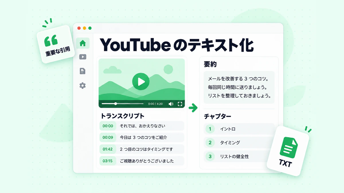 YouTube のテキスト化：タイムスタンプ付きのトランスクリプトを読みやすい段落に整理し、要約、チャプター、重要な引用を強調したもの
