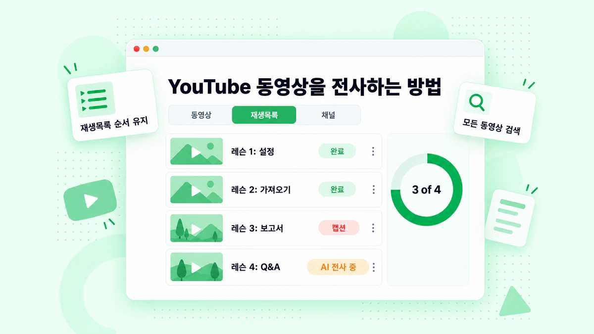 YouTube 동영상 링크를 전사하는 방법: 대기열에 추가된 단일 동영상, 재생목록 및 채널과 동영상 제목별로 표시된 각 전사문