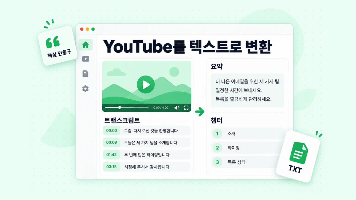 YouTube를 텍스트로 변환하기: 타임스탬프가 포함된 트랜스크립트를 읽기 쉬운 문단으로 정리하고, 요약·챕터·주요 인용구를 강조한 모습