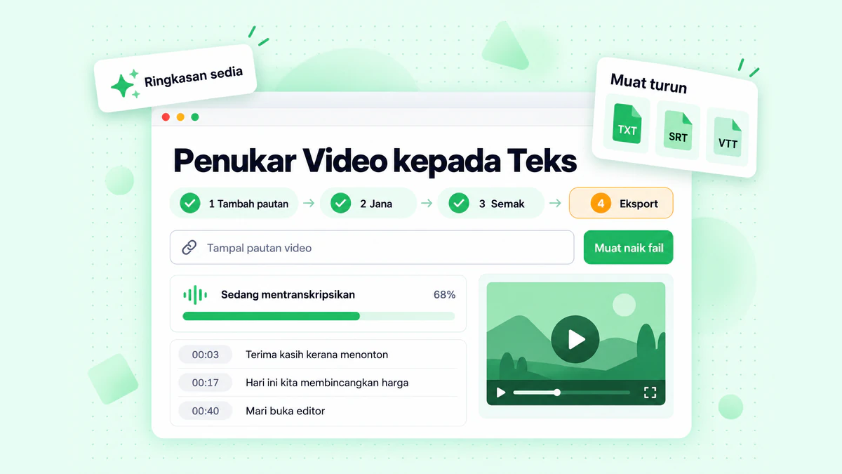 Penukar video kepada teks dalam empat langkah: tambah pautan atau fail, jana transkrip, semak dan eksport TXT, SRT atau VTT