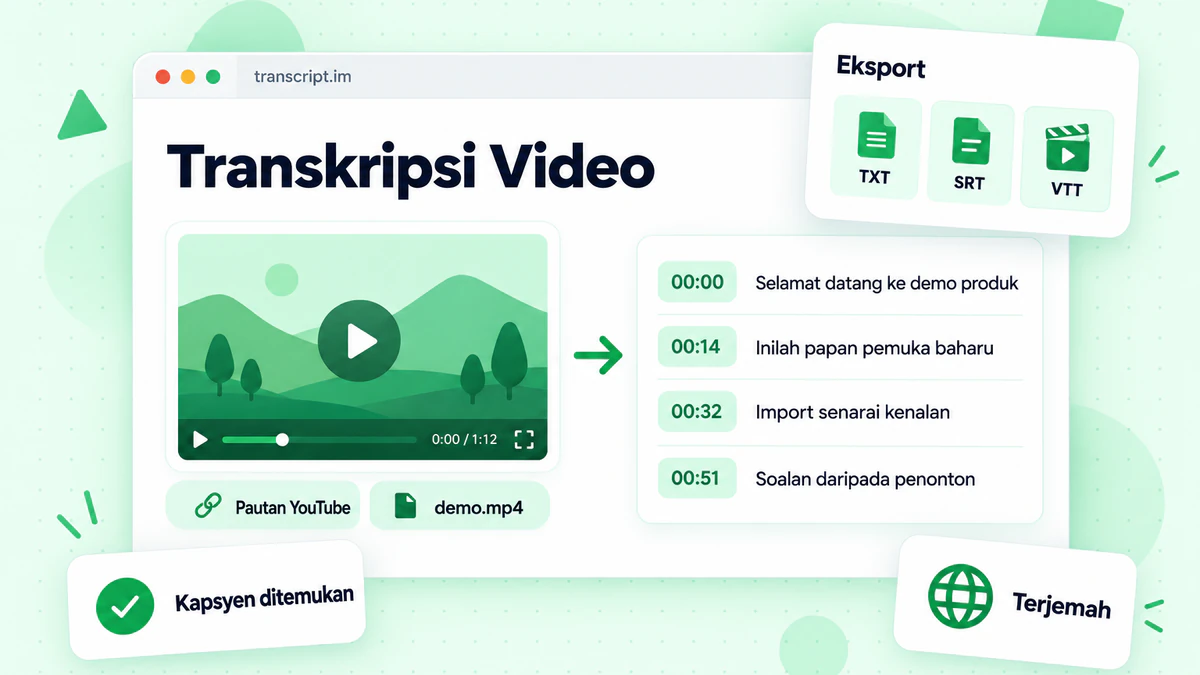 Papan pemuka transkripsi video memaparkan pemain video, transkrip bertanda masa dan pilihan eksport