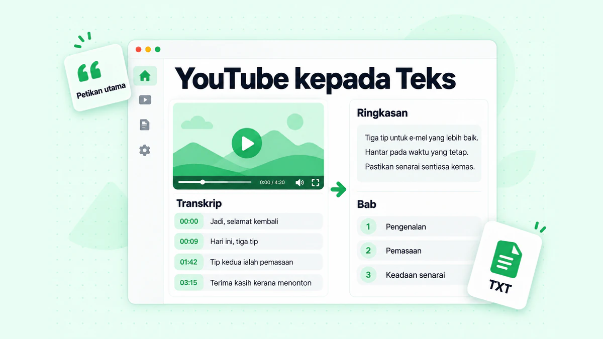 YouTube kepada teks: transkrip bertanda masa yang telah dibersihkan menjadi perenggan yang mudah dibaca, dengan ringkasan, bab dan petikan utama diserlahkan
