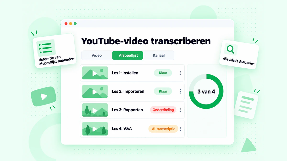 YouTube-videolinks transcriberen: één video, een afspeellijst en een kanaal in de wachtrij, waarbij elk transcript is gelabeld met de videotitel