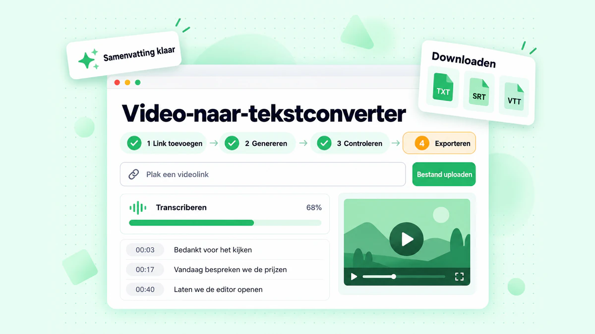 Video-naar-tekstconverter in vier stappen: voeg een link of bestand toe, genereer het transcript, controleer het en exporteer TXT, SRT of VTT