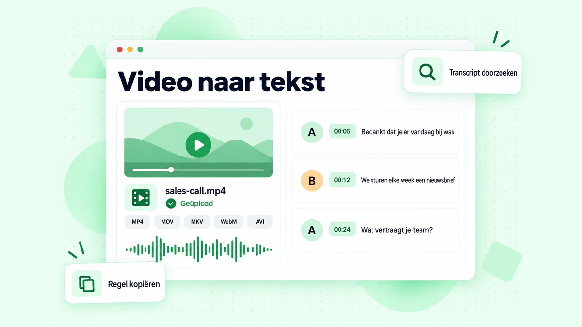 Video uit een lokaal bestand naar tekst: een geüploade MP4-opname van een vergadering omgezet in tijdgestempelde sprekerregels die klaar zijn om te exporteren