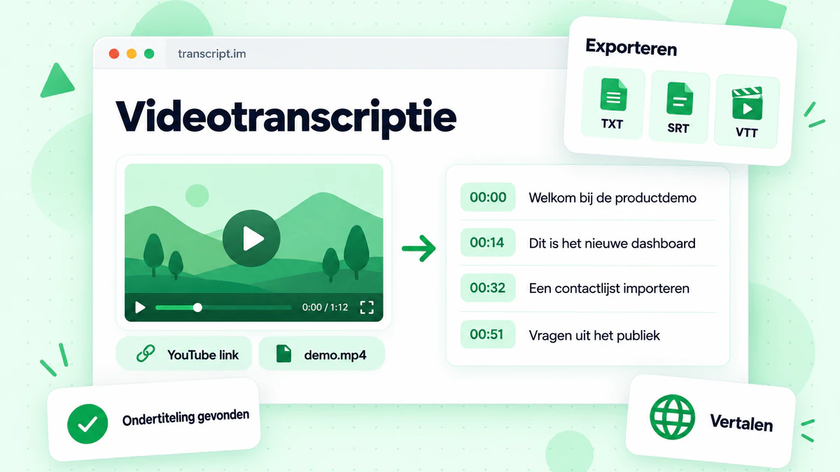 Videotranscriptie: een videolink en een MP4-bestand worden omgezet in één transcript met tijdstempels, met TXT-, SRT- en VTT-exportopties